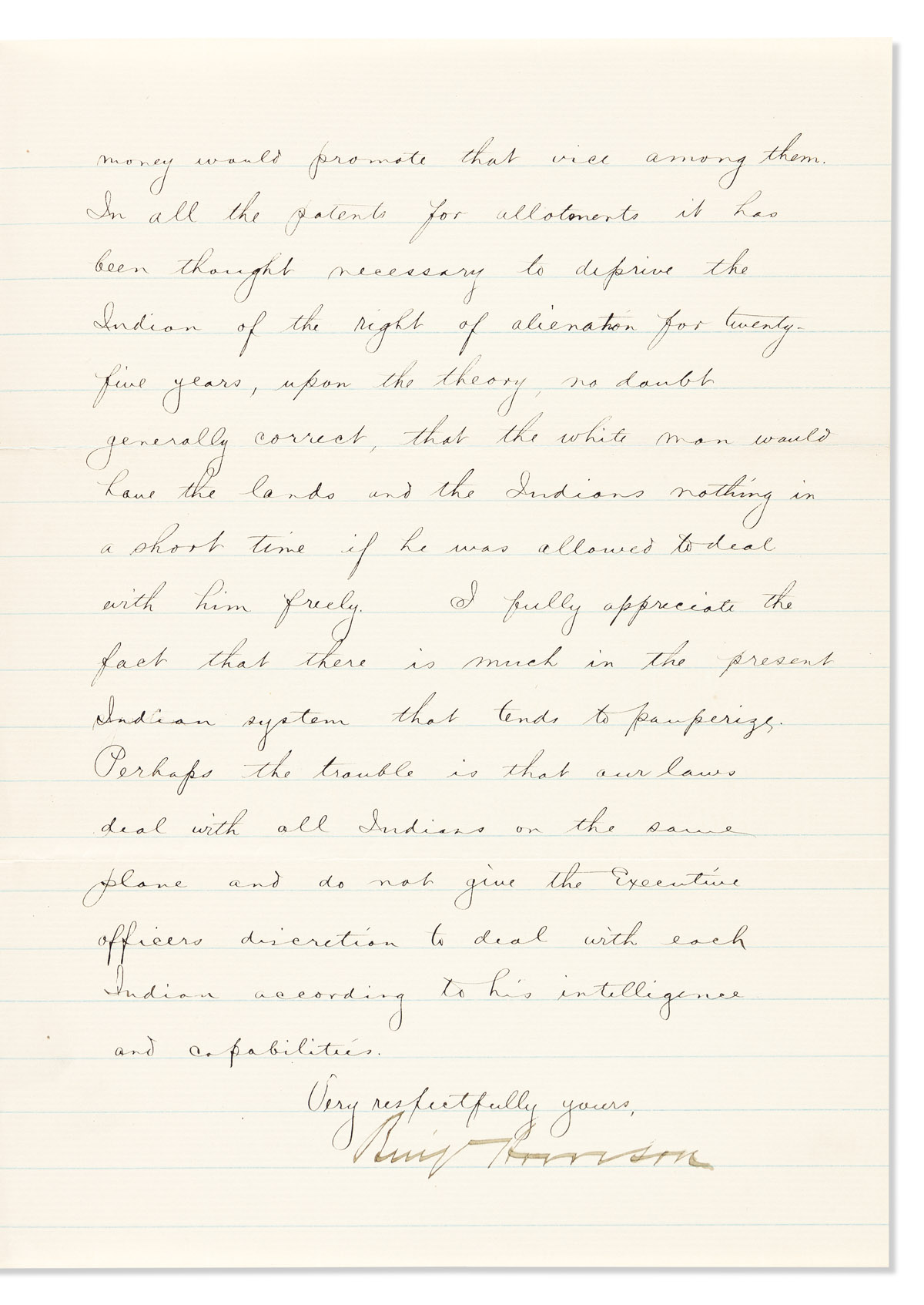 HARRISON, BENJAMIN. Letter Signed, BenjHarrison, as President, to Mrs. Elizabeth E. Coolidge,
